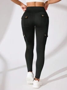 Easithlete Women's Solid Color Button Trim Casual Sports Leggings Yoga Pants - Black - View 5