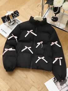 SHEIN Tween Girls Solid Black Color Stand Collar Casual Pink Bow Detail Winter Coat, Thickened Loose Fit Oversized Padded Coat, Super Warm