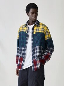 Manfinity VCAY 男士编织时尚休闲格子拼布长袖领衬衫，年轻风格 - 彩色 - 查看 3