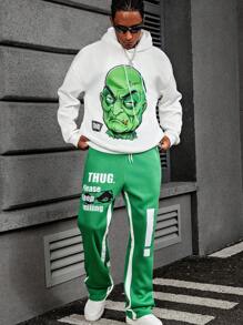 Manfinity EMRG Men Monster Pattern English Print Fashion Hoodie And Sweatpants Splice Tracksuit Set , Men Two Pieces Outfits , Men Tracksuit - Multicolor - View 3