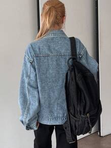 DAZY 女士休闲宽松单排扣牛仔夹克，适合秋季，返校服装 - 藍色 - 查看 5