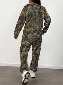 INAWLY 2 件套女士全印花圆领长袖上衣和抽绳腰长裤，休闲装