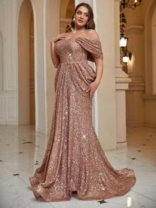 UNITHORSE Plus Size Off Shoulder Criss-Cross Backless High Waisted Ruched Mermaid Sequin Floor Length Prom Dress - Coffee Brown - View 8