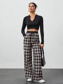 SHEIN Tall Contrast Color Black And White Plaid Versatile Casual Texture Design Loose Trousers - Black and White - View 1