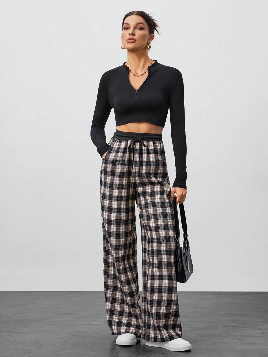 SHEIN Tall Contrast Color Black And White Plaid Versatile Casual Texture Design Loose Trousers - Black and White - View 1