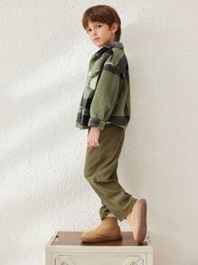 Blossori 小男孩格子落肩宽松泰迪毛边口袋夹克，秋冬 - 綠色 - 查看 9
