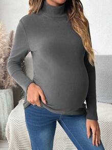 SHEIN Stand Collar Long Sleeve Maternity Tight Fit T-Shirt, Includes Built-In Breast Pad, Autumn - Dark Grey - View 7