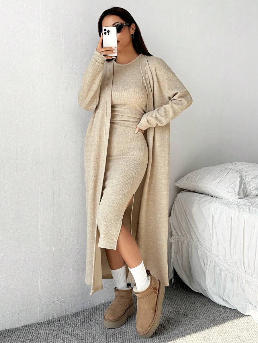 SHEIN EZwear 卡其色针织纯色长开衫和紧身无袖连衣裙套装 - 卡其色 - 查看 1