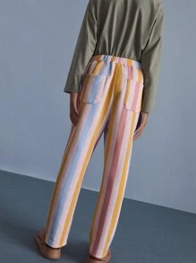 SHEIN Tween 女童彩色条纹针织运动衫和松紧腰直筒裤两件套，秋冬 - 彩色 - 查看 2
