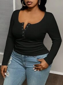 Slaydiva 大码休闲百搭白色修身深 U 领长袖 T 恤-C - 黑色 - 查看 3