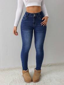 SHEIN Tall CURVE Roupas Plus Size para Outono, Inverno, Halloween, Natal, Streetwear, Casual Elegante, Estilo Country, Vintage, Modesto, Negócios Casuais, Roupas de Trabalho para Mulheres, Roupas de Professor, Roupas de Igreja para Mulheres, Denim Forrados Termicamente, Denim Skinny Azul com Bolsos, Denim Skinny de Cintura Alta com Stretch para Conforto Diário, Denim Skinny de Lavagem Escura Clássica, Perfeito para Looks Casuais e Noturno