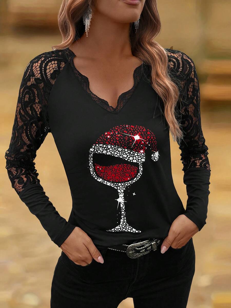 SHEIN LUNE 女士秋冬时尚纯色蕾丝拼布酒杯印花 T 恤图案 T 恤女式上衣 - 黑色 - 查看 1