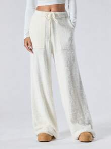 LYSMO Solid Color Front Tie Pocket Warm Coral Fleece Lounge Pants - White - View 4