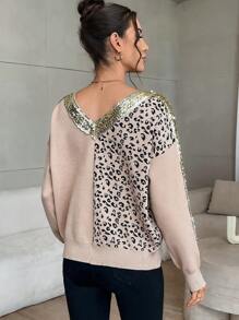 SHEIN Privé 女士秋冬亮片拼布豹纹印花 V 领奢华毛衣 - 粉色 - 查看 2