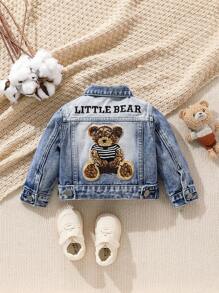 SHEIN Playful Pals 男婴中号水洗牛仔夹克，带刺绣熊补丁，经典休闲设计 - 深色水洗藍 - 查看 2