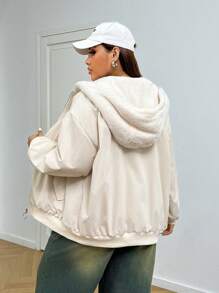 SHEIN EZwear Áo khoác có mũ trùm đầu lót nhiệt dày màu mơ cỡ lớn cho nữ, dành cho mùa thu/đông - Màu be - Xem 2
