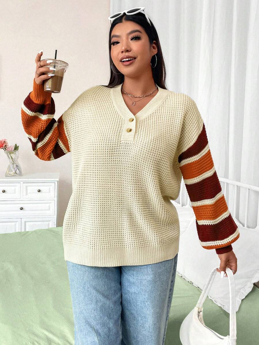 Flirla Große Größen Beliebter Pullover für Damen mit Farbblockstreifen und Knöpfen, Rundhalsausschnitt und Langarm, geeignet zum Layering oder als Oberbekleidung, für Zuhause und Outdoor-Anlässe