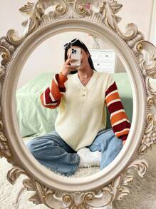 Flirla Große Größen Beliebter Pullover für Damen mit Farbblockstreifen und Knöpfen, Rundhalsausschnitt und Langarm, geeignet zum Layering oder als Oberbekleidung, für Zuhause und Outdoor-Anlässe