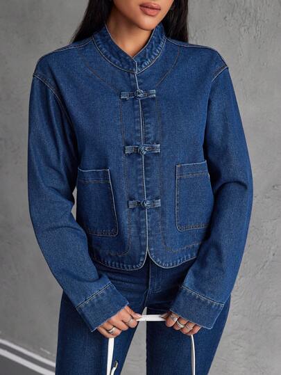 SHEIN EZwear 女式秋季长袖纽扣式胸袋休闲牛仔夹克