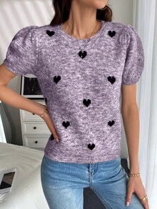 Chiquease 女士休闲心形图案泡泡袖针织上衣，春秋 - 紫色 - 查看 3