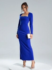 Coutiva 女士优雅针织海军蓝缀饰方领修身中长连衣裙，长袖正式晚会舞会礼服，适合婚礼嘉宾、毕业典礼、晚宴、派对礼服 - 藍色 - 查看 4