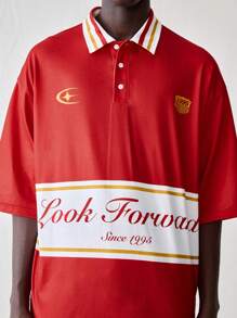 Manfinity VCAY Men's Casual Loose Printed Short Sleeve Knit Polo Shirt, Young Style - Red and White - View 4