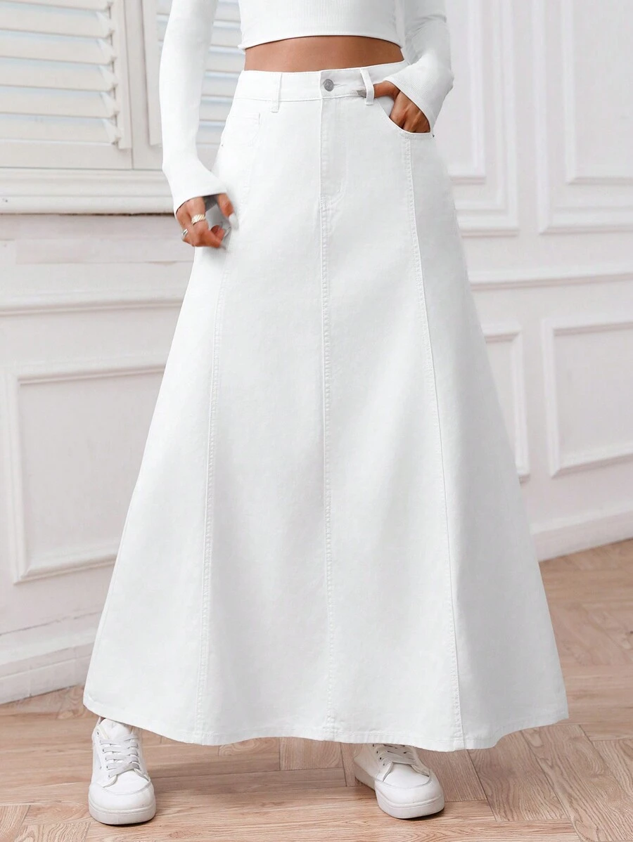 EMERY ROSE Women's Solid Color Pocket Casual Versatile Long Denim Skirt - White - View 1