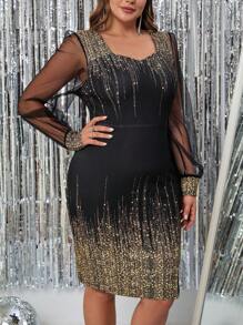 SHEIN Clasi Đầm lưới dài tay ôm sát thanh lịch cổ tim in họa tiết sequin cỡ lớn cho nữ - Vàng - Xem 8