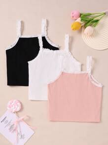 3pcs Girls Elegance Casual Floral Lace Patchwork Ribbed Camisole Underwear Set