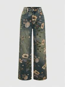 ROMWE Fairycore Denim Vintage de Perna Larga Folgada Lavado com Estampa Floral para Mulheres