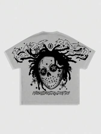 Street Life Camiseta holgada y casual de manga de murciélago de seda de leche con estampado de eslogan y calavera para hombre