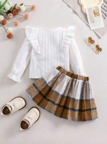 SHEIN 2pcs Baby Girl Knit Textured Long Sleeve Top With Ruffle Collar And Plaid Pleated Skirt Set, Autumn/Winter - White - View 2