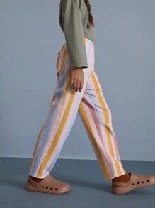 SHEIN Tween 女童彩色条纹针织运动衫和松紧腰直筒裤两件套，秋冬 - 彩色 - 查看 5