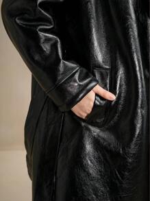 Anewsta Women Plus Size Autumn Fashionable Thermal Lined Slant Pocket With Belt Jacket - Black - View 5