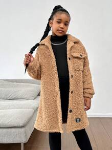 SHEIN SLAYR KIDS Tween Girl Warm Thermal Lined Lapel Pocket Button Front Mid-Length Cardigan, Autumn/Winter - Brown - View 6