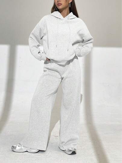 INAWLY 2pcs Women Simple Solid Color Long Sleeve Hooded Top And Pants Casual Set Fall Cloth For Women