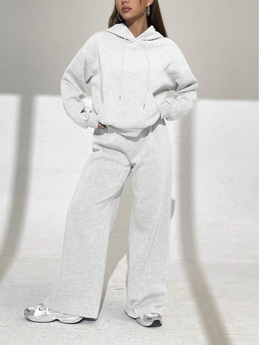 INAWLY 2pcs Women Simple Solid Color Long Sleeve Hooded Top And Pants Casual Set Fall Cloth For Women - Light Grey - View 1
