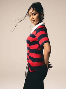 Athîral 女士撞色条纹印花 Polo 领休闲短袖 T 恤