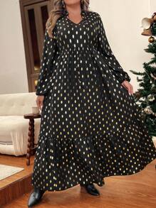 SHEIN VCAY Abito a maniche lunghe elegante da donna taglie forti con stampa in oro a fogli, colletto alla cinese, adatto per vacanze, feste, casual - nero - Visualizzare 5