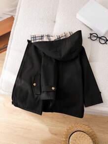 SHEIN 1 pieza Abrigo impermeable a cuadros de manga larga, capucha y diseño casual y lindo para niños, apropiado para la escuela, viajes, otoño/invierno