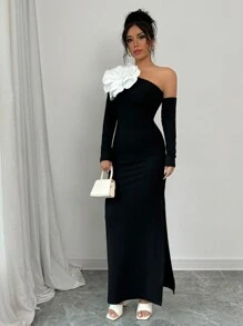 Selianne 1 件女士优雅不对称领口花卉装饰修身连衣裙，秋季长款女装秋季服装 - 黑色 - 查看 6