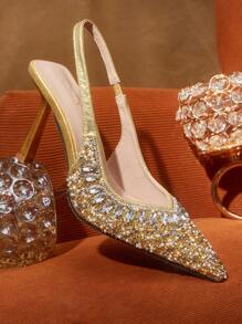 CUCCOO TILAWA Eleganta damsandaler med spetsiga tå högklackade med strass, guldfärgade, lämpliga för bröllop till jul och nyår Semesterstämning höst och vinter - Guld - Visa 6