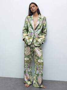 SHEIN X LOS FAVORITOS DE ANA GONZALEZ Maija Digital Print Green Single-Breasted Women's Pants, Suitable For Spring/Summer Vacation, Casual, St. Patrick's Day, Easter, Chinese New Year, Music Festivals