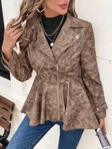 SHEIN Clasi Women's Autumn Vintage Distressed Asymmetric Hem Cinched Waist Jacket - Brown - View 2