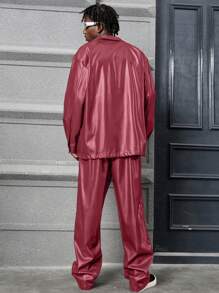 PAVTROS Men's Solid Color Zip Up Long Sleeve Shirt & Drawstring Pocket Long Pants Casual Suit - Burgundy - View 2