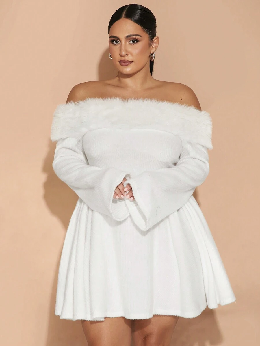 SHEIN BAE Plus Size Women's, Super Versatile, Cream Fluffy Trim Stretch Rib A-Hem Dress, Halloween, Simple Style, Perfect For Parties Or Everyday Wear, Sweet Hottie,Graduation Dress