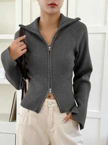 DAZY Solid Color Zip-Up Collar Casual Business Ladies Cardigan,Long Sleeve Tops,Fall Clothes Jacket - Dark Grey - View 3