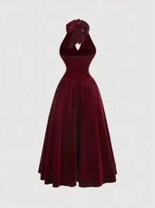 SHEIN MOD 大码纯色吊带天鹅绒优雅露背无袖连衣裙 - 酒紅色 - 查看 2