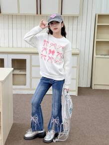 Tween Girls Bow Embroidered Side Split Flared Jeans, Retro Flare Jeans For Tween Girls - Medium Wash - View 1
