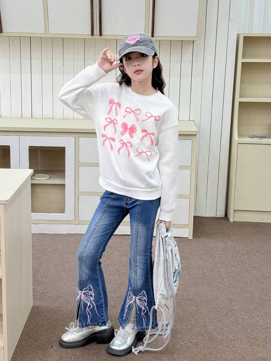 Tween Girls Bow Embroidered Side Split Flared Jeans, Retro Flare Jeans For Tween Girls - Medium Wash - View 1